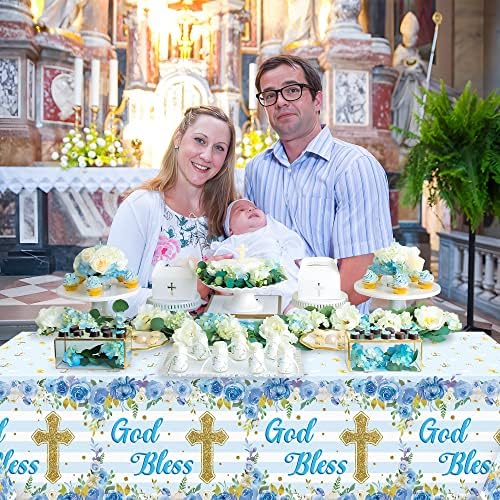 3 Pack Blue Baby Boy Baptism Tablecloths Flower Theme Waterproof