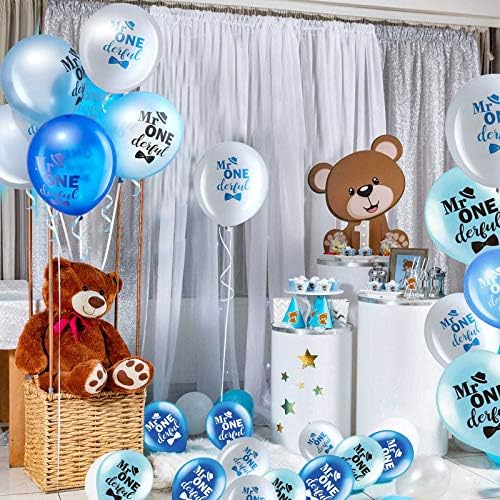 Sumind 45 Pcs 12 Inch Mr Onederful Birthday Balloons Blue White with Ribbons