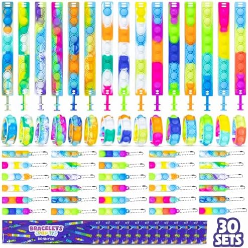 BONNYCO Pop It Bracelets Keychains 30 Pack Kids Party Favors