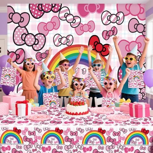 3Pcs Pink Bow Tie Birthday Decorations Cartoon Cat Tablecloths for Kids Party Supplies