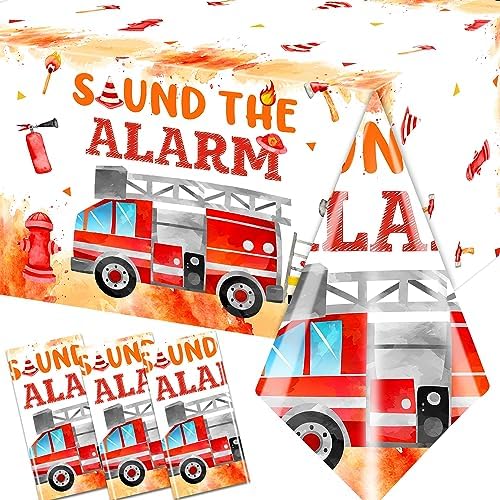 Firetruck Birthday Tablecloth Set - 3Pcs Firefighter Party Decorations