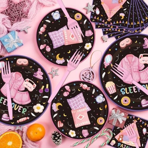96PCS Pajama Party Plates Napkins Set for 24 Guests