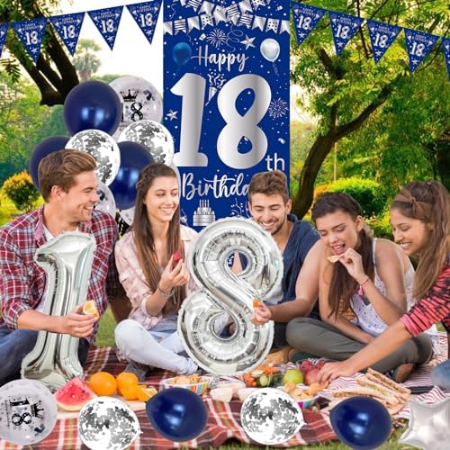 18th Birthday Decorations for Boys Girls Blue Silver Set