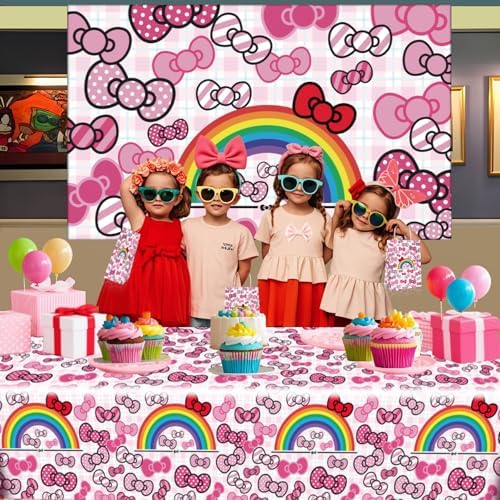 3Pcs Pink Bow Tie Birthday Decorations Cartoon Cat Tablecloths for Kids Party Supplies
