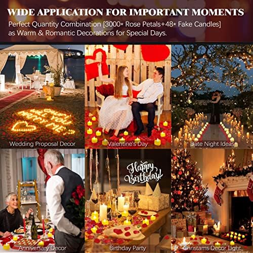3000 Pcs Artificial Rose Petals with 48 Heart Flameless Candles Set