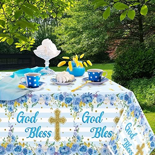 3 Pack Blue Baby Boy Baptism Tablecloths Flower Theme Waterproof
