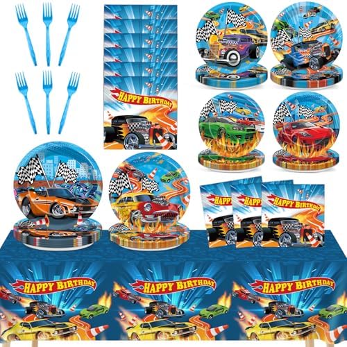98 Pcs Race Car Party Plates Napkins Tablecloths for Kids Birthday