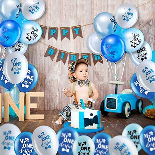 Sumind 45 Pcs 12 Inch Mr Onederful Birthday Balloons Blue White with Ribbons