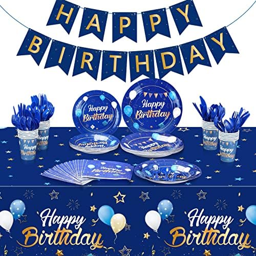 Blue Happy Birthday Tableware Set for 24 Guests