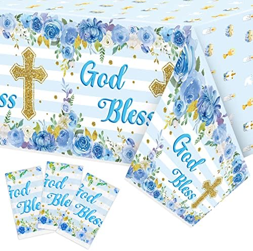 3 Pack Blue Baby Boy Baptism Tablecloths Flower Theme Waterproof